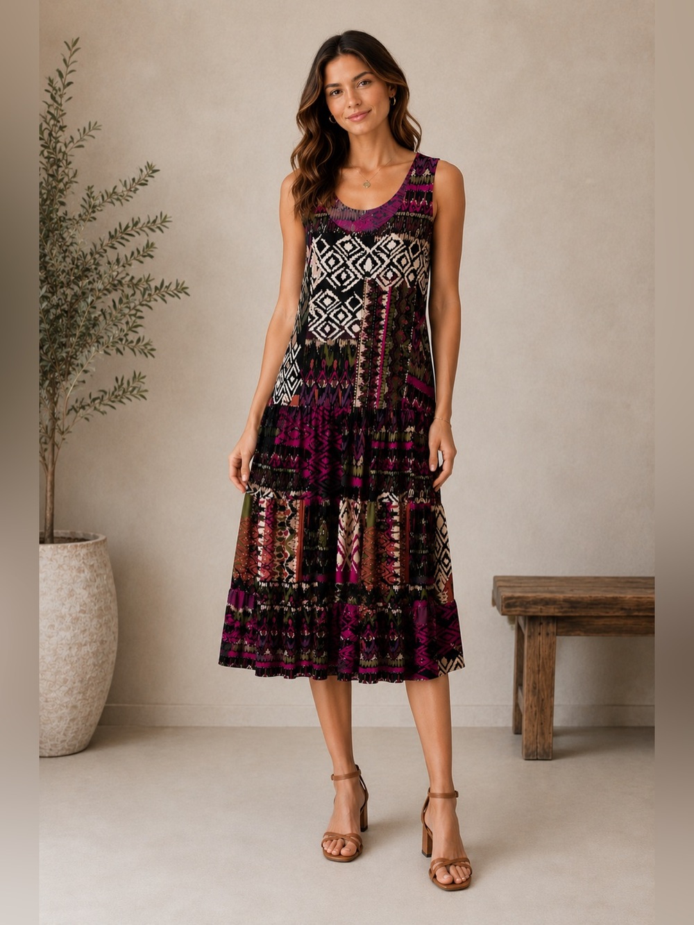 Julian Taylor New York Tiered Geometric Sleeveless Midi Dress - 12